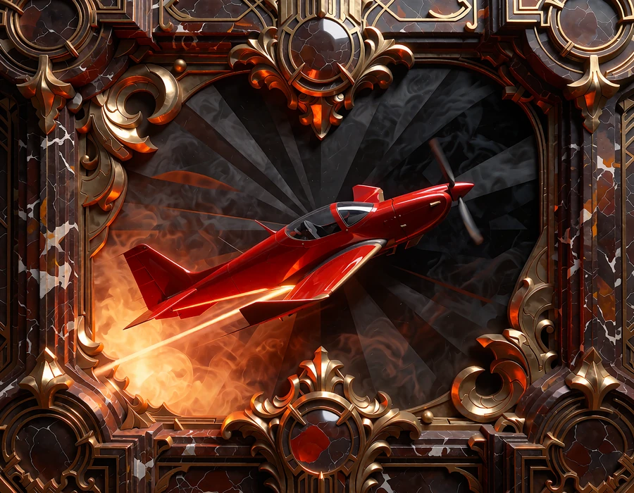 R&oslash;dt propelfly, der stiger diagonalt med et lysende spor - illustration til crash-spillet Aviator hos Goldbet Casino