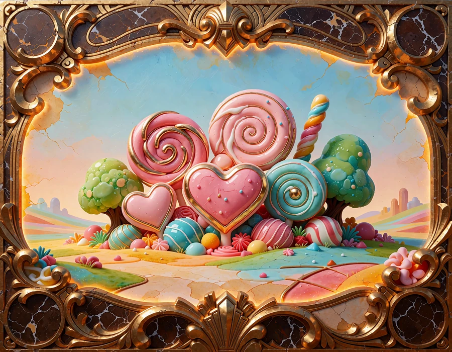 Farverigt slikunivers med lyser&oslash;de spiraler og hjertekarameller - illustration til slotten Sweet Bonanza