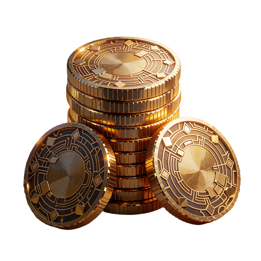 Stak af graverede guldm&oslash;nter med kredsl&oslash;bsm&oslash;nstre og bl&oslash;d guldgl&oslash;d - illustration til krypto casino hos Goldbet