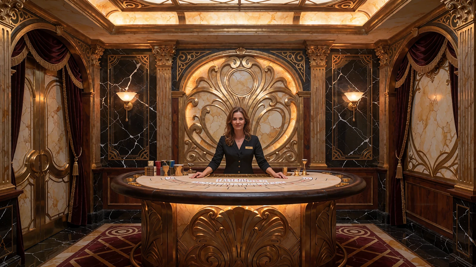 Kvindelig dealer bag et buet blackjackbord i en guldudsmykket spillesalon - illustration af live casino hos Goldbet